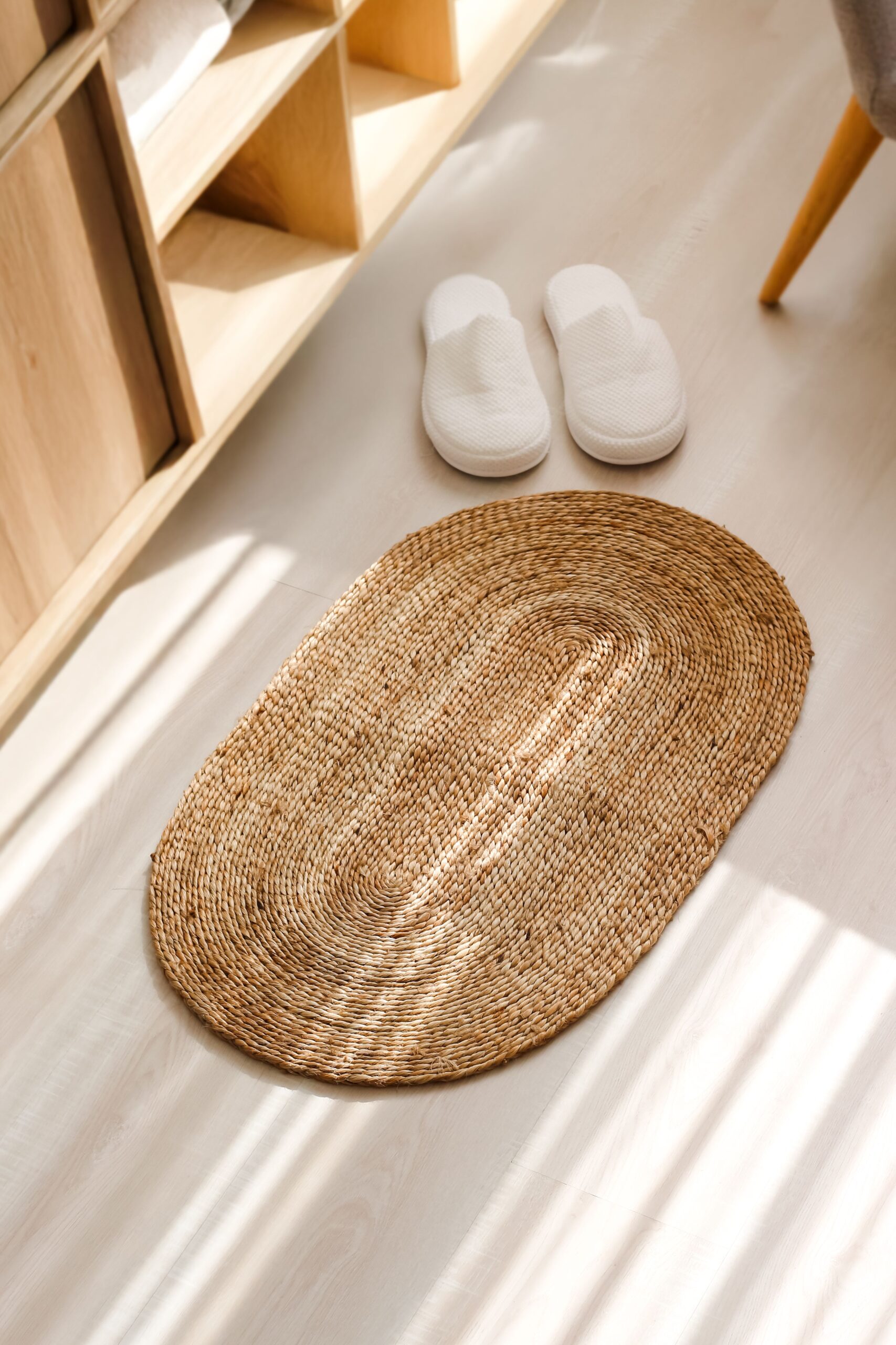 Home A cozy interior featuring a woven rug and slippers with soft natural lighting.